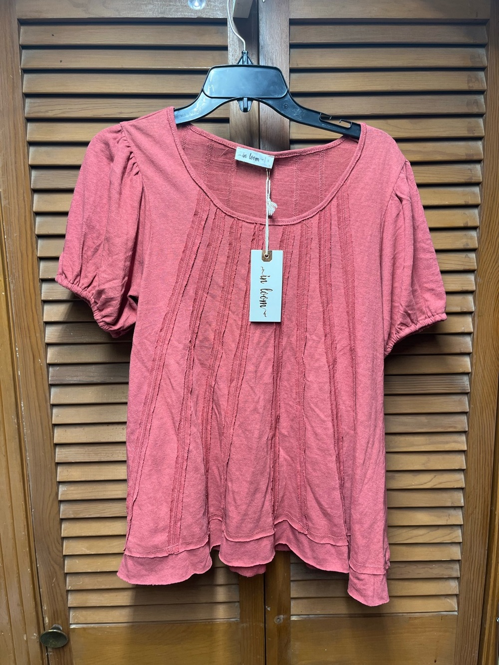 NWT In Loom Dusty Rose Pintuck Pleat Slub Knit Boho Top Puff Sleeve